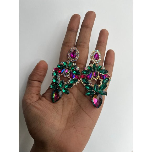 Big green fuchsia earring large Ab earrings large rhinestone crystal chandelier - Picture 7 of 7